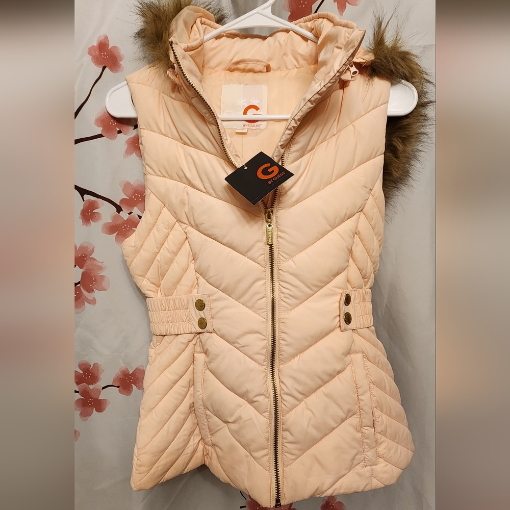 G by Guess Women's Pink Chevron Quilted Faux Fur Lined Jacket Puffer Vest XS